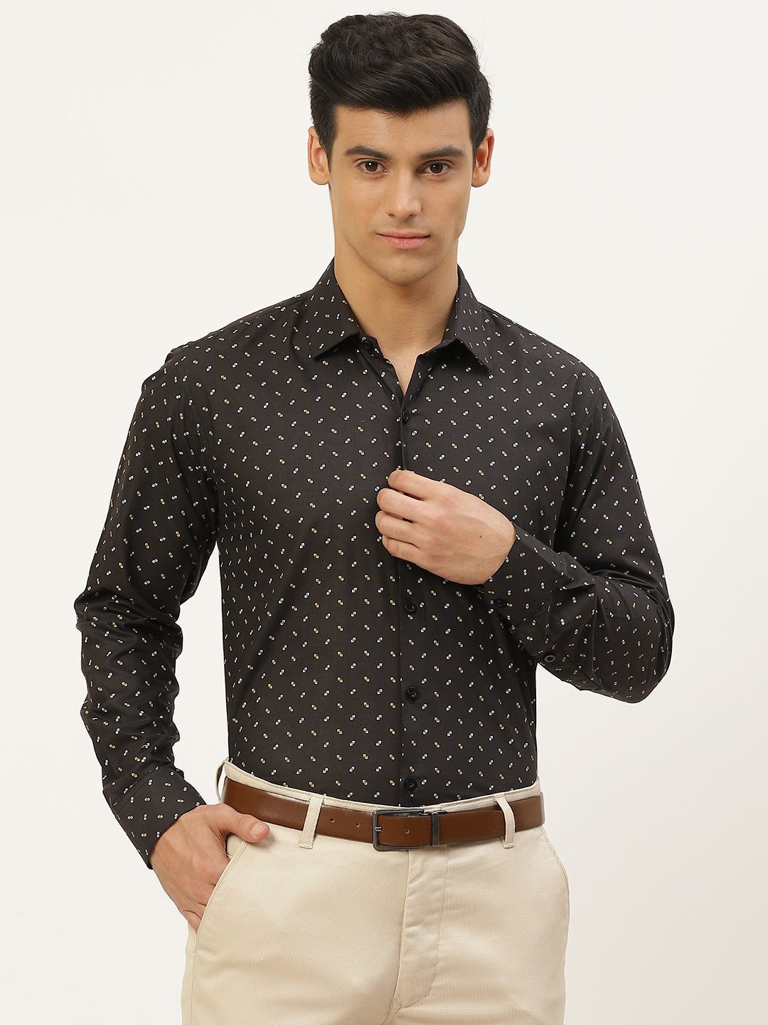 Mens Cotton Black Printed Formal Shirt