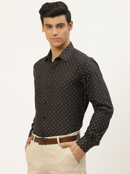 Mens Cotton Black Printed Formal Shirt