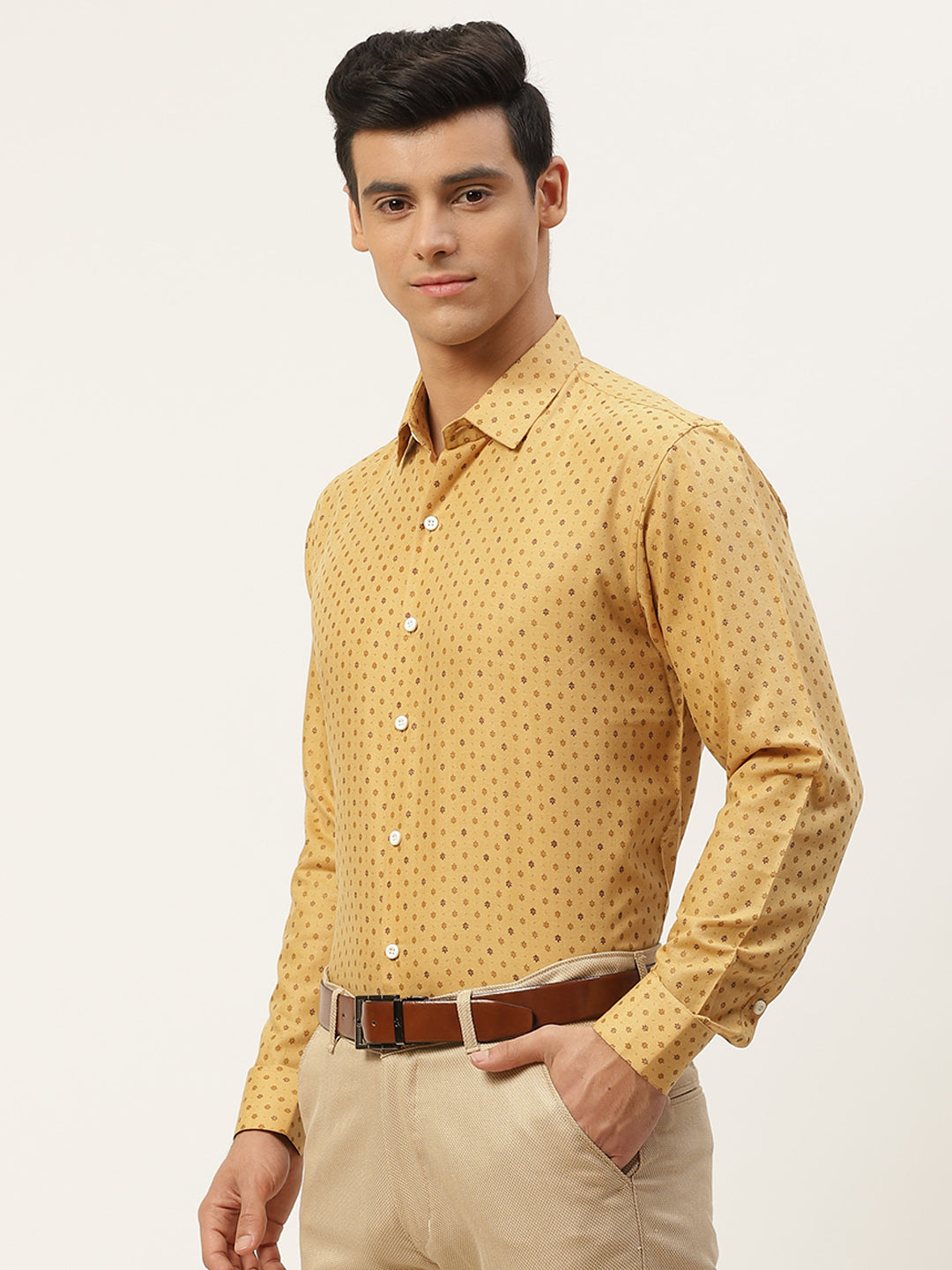 Mens Cotton Mustard Printed Formal Shirt