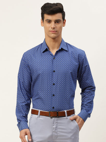 Mens Cotton Royal Blue Printed Formal Shirt