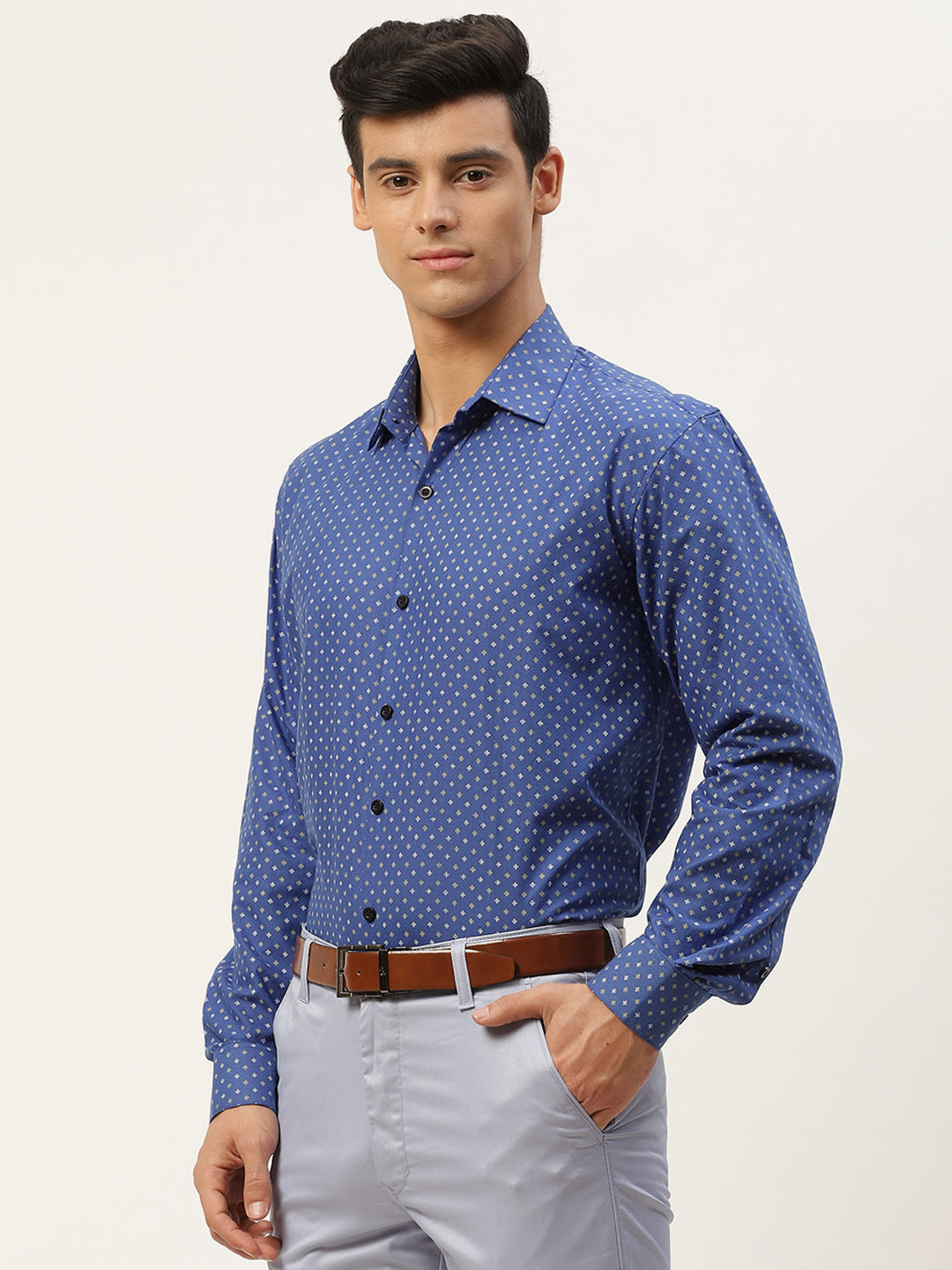 Mens Cotton Royal Blue Printed Formal Shirt