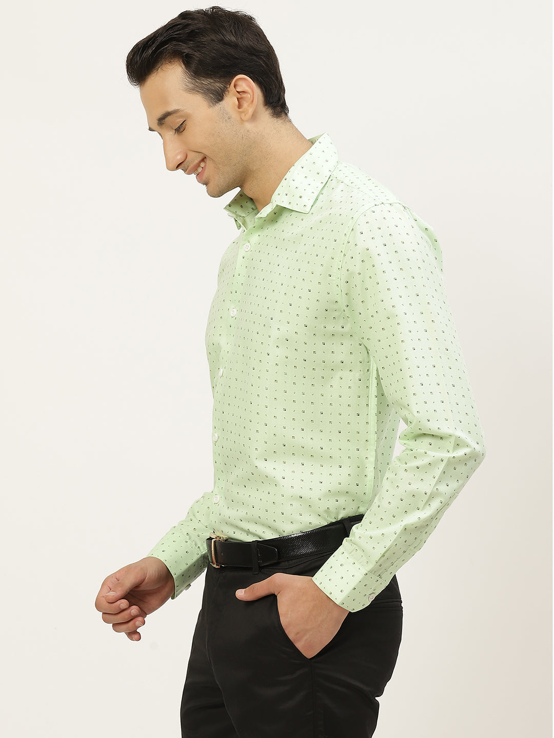 Mens Cotton Green Printed Formal Shirt