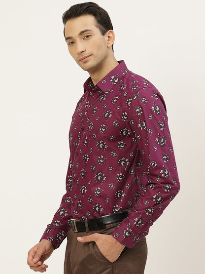 Mens Cotton Dark Purple & Black Printed Formal Shirt