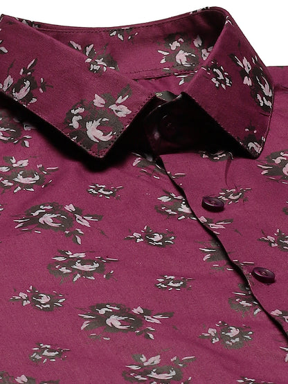 Mens Cotton Dark Purple & Black Printed Formal Shirt