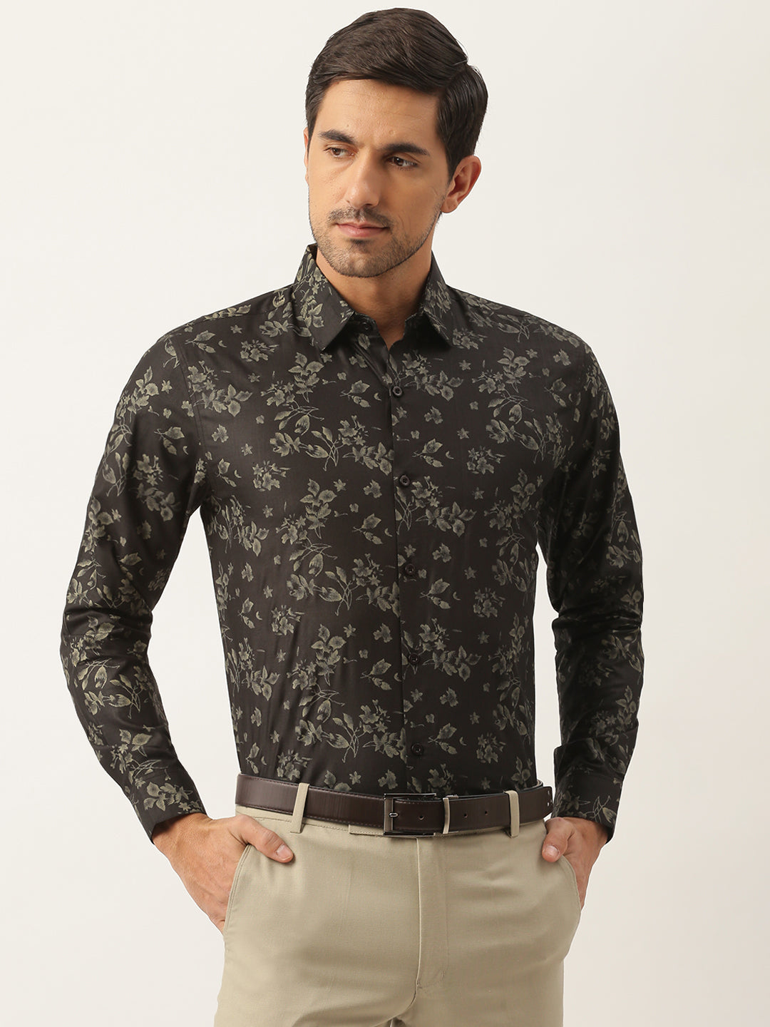 Mens Cotton Black & Green Printed Formal Shirt