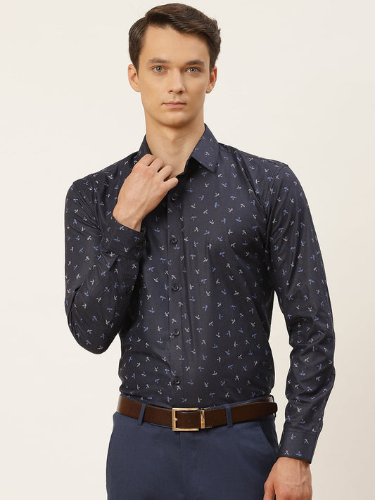 Mens Cotton Navy Blue & Multi Printed Formal Shirt