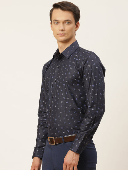 Mens Cotton Navy Blue & Multi Printed Formal Shirt