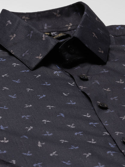 Mens Cotton Navy Blue & Multi Printed Formal Shirt