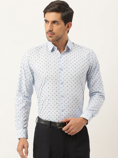 Mens Cotton Sky Blue & Multi Printed Formal Shirt