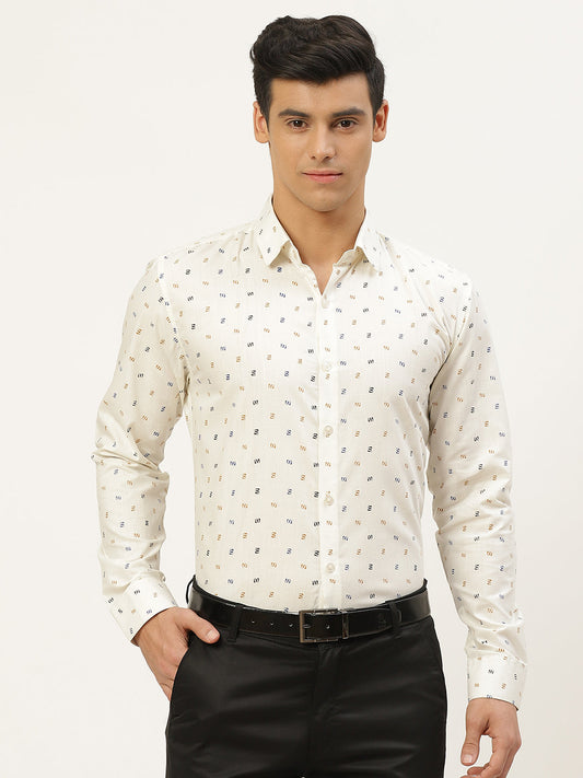 Mens Cotton Cream & Multi Printed Formal Shirt