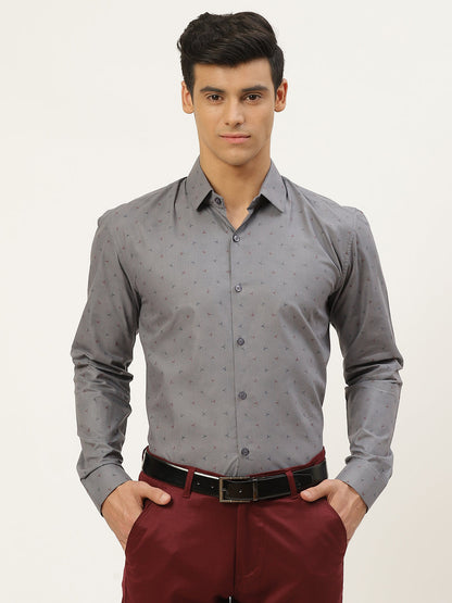 Mens Cotton Grey & Multi Printed Formal Shirt