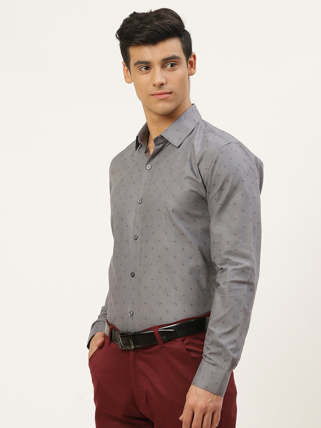 Mens Cotton Grey & Multi Printed Formal Shirt