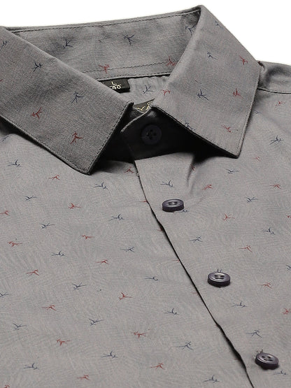 Mens Cotton Grey & Multi Printed Formal Shirt