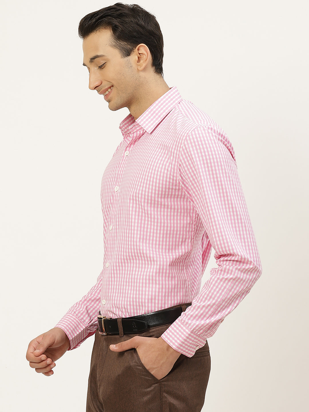 Men's Cotton Pink & White Checked Formal Shirt