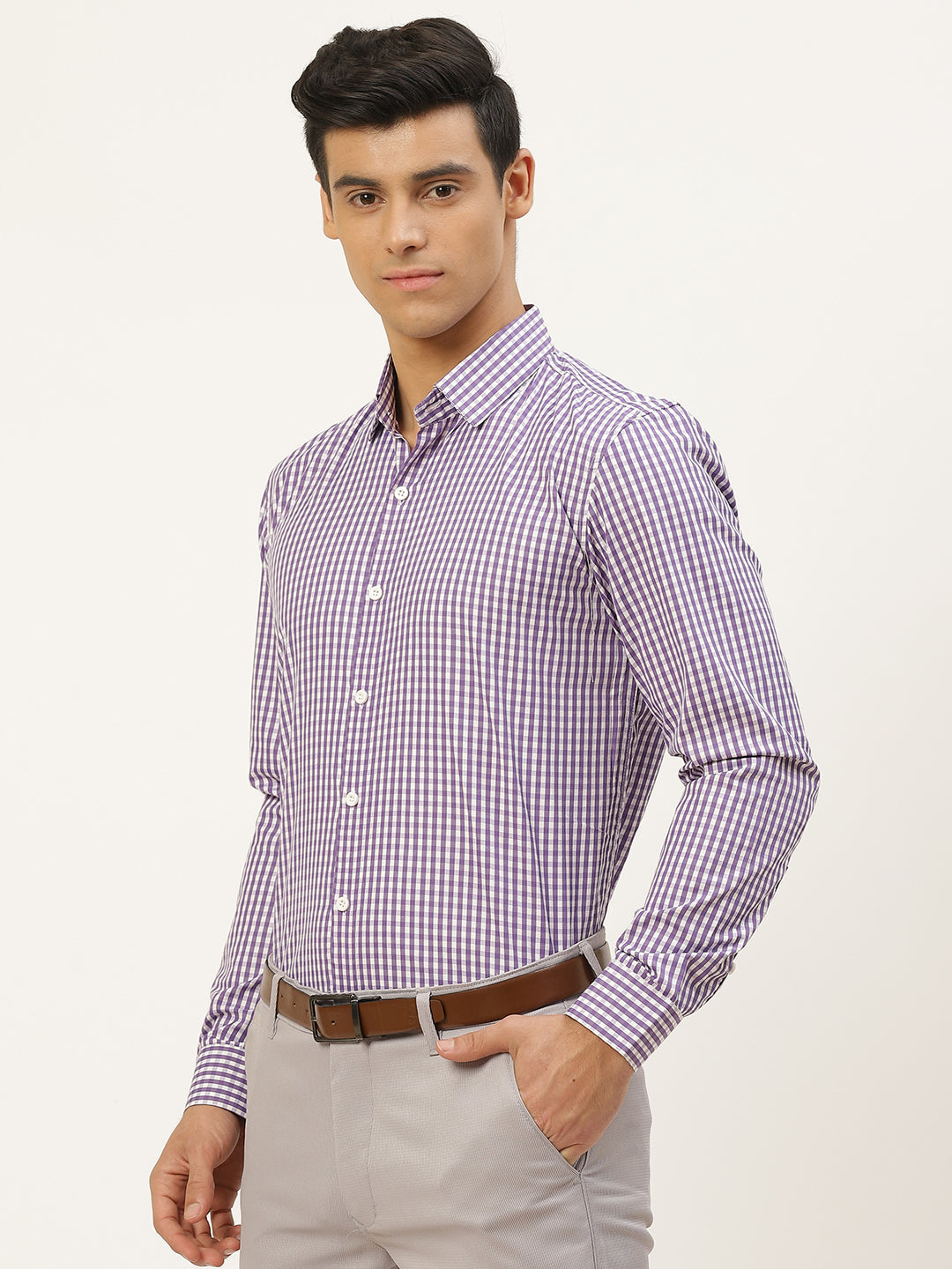 Men's Cotton Purple & White Checked Formal Shirt