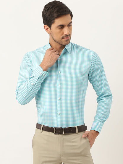 Men's Cotton Sea Green & White Checked Formal Shirt