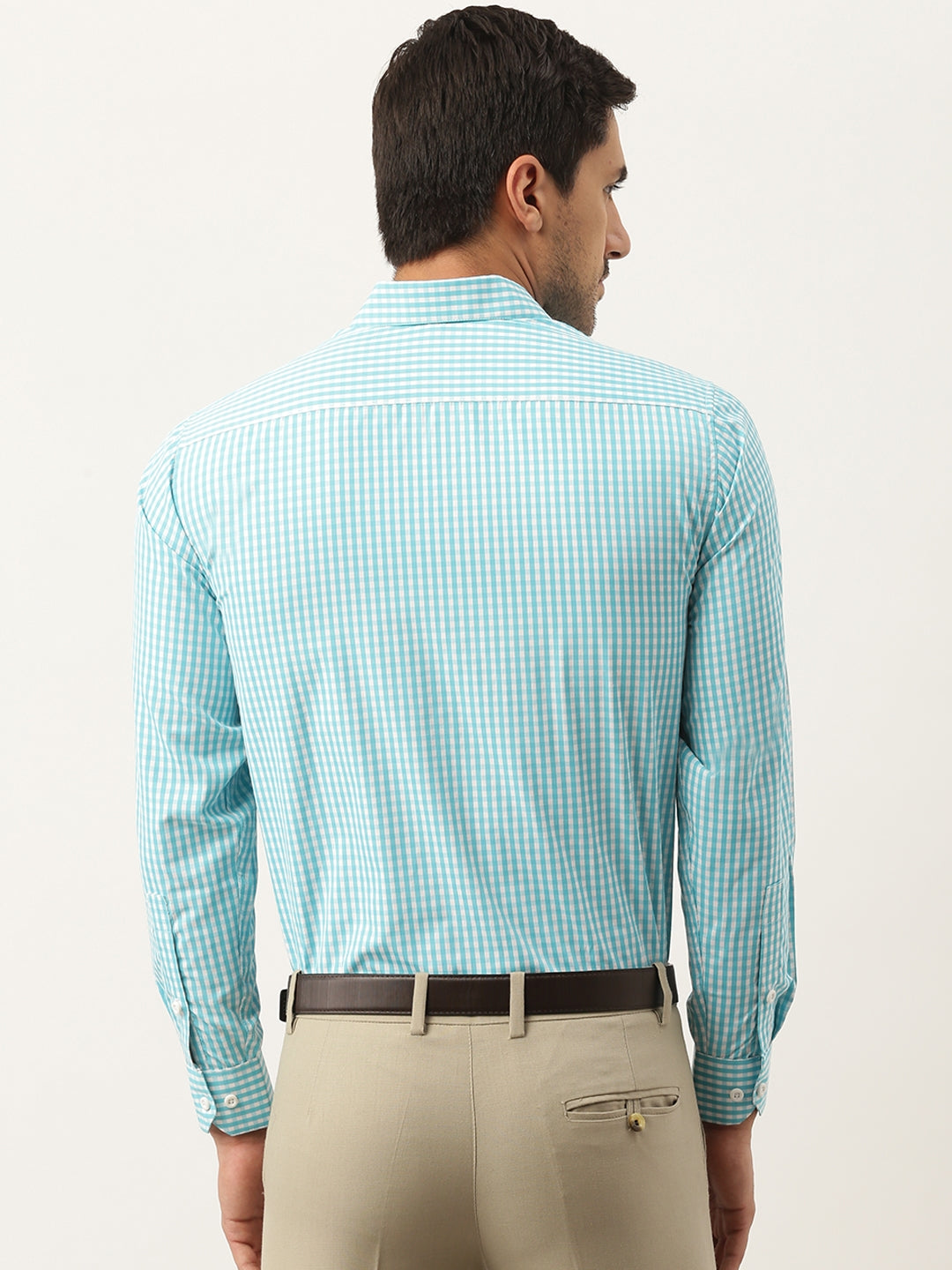 Men's Cotton Sea Green & White Checked Formal Shirt