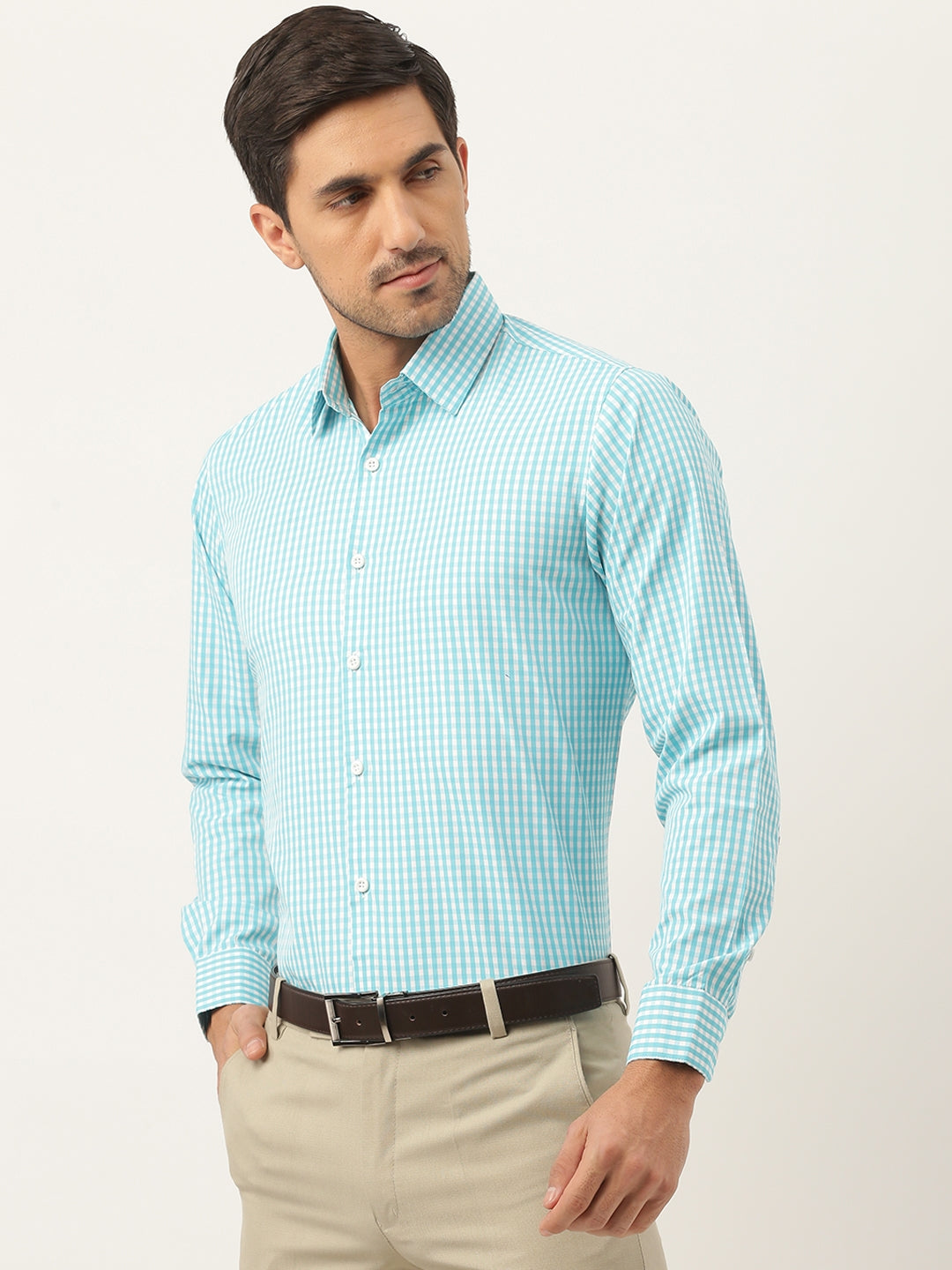 Men's Cotton Sea Green & White Checked Formal Shirt