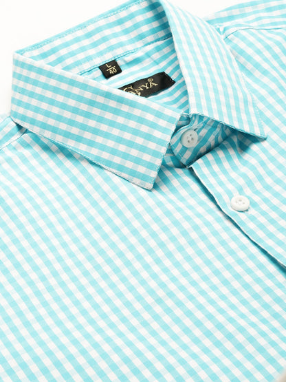 Men's Cotton Sea Green & White Checked Formal Shirt