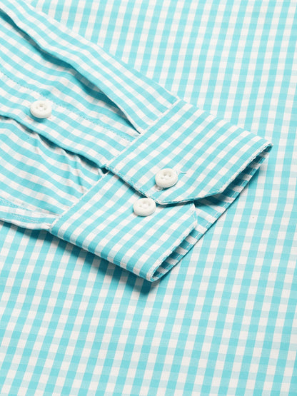 Men's Cotton Sea Green & White Checked Formal Shirt