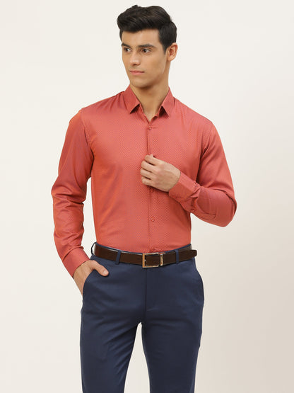 Mens Cotton Peach & Navy Blue Self Design Formal Shirt