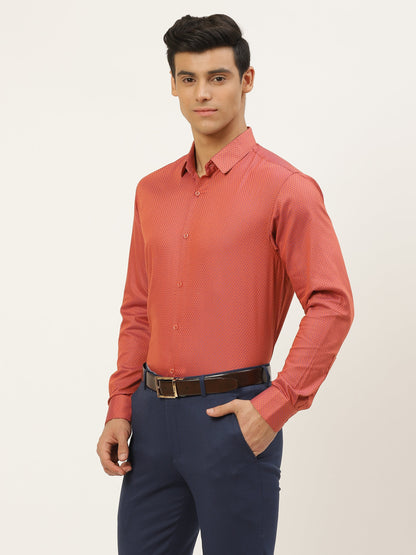 Mens Cotton Peach & Navy Blue Self Design Formal Shirt