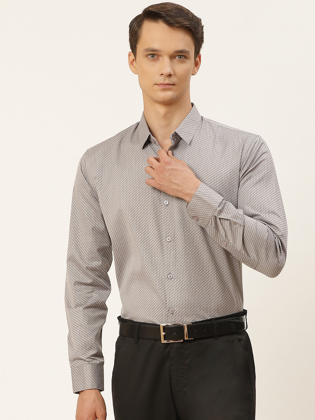 Mens Cotton Grey Self Design Formal Shirt