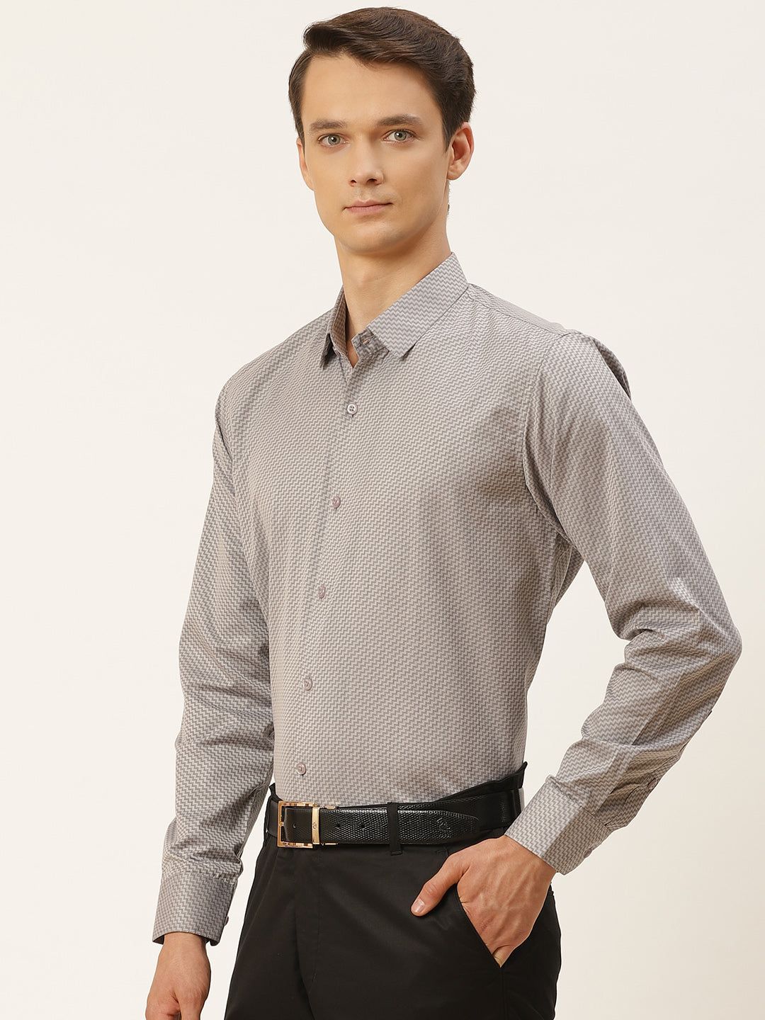 Mens Cotton Grey Self Design Formal Shirt