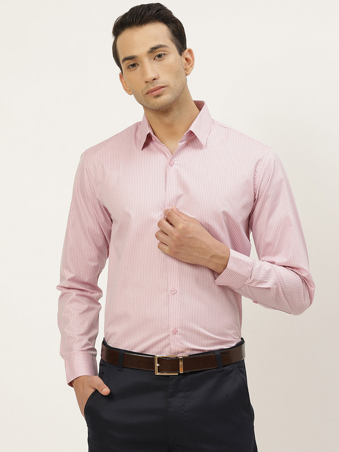 Mens Cotton Pink & Navy Blue Striped Formal Shirt