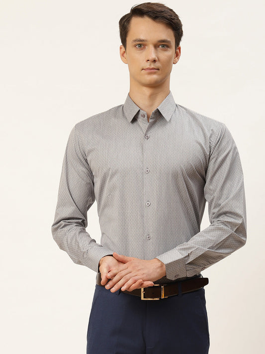 Mens Cotton Grey & Off White Striped Formal Shirt