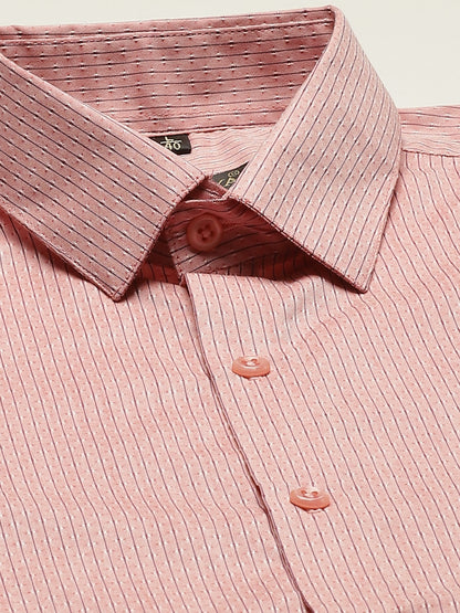 Mens Cotton Peach & Navy Blue Striped Formal Shirt