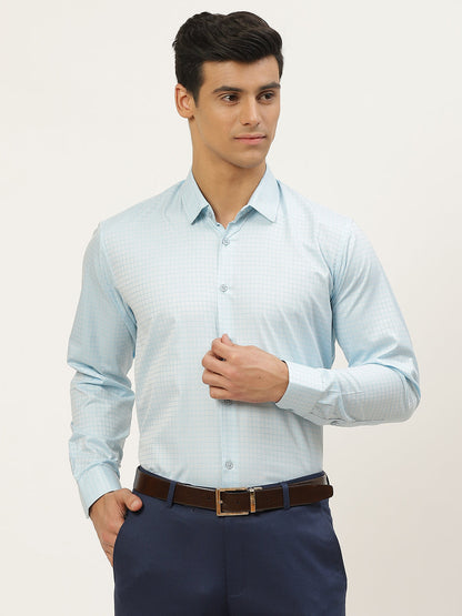 Mens Cotton Sky Blue Checked Formal Shirt