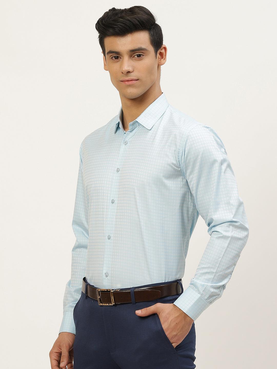 Mens Cotton Sky Blue Checked Formal Shirt