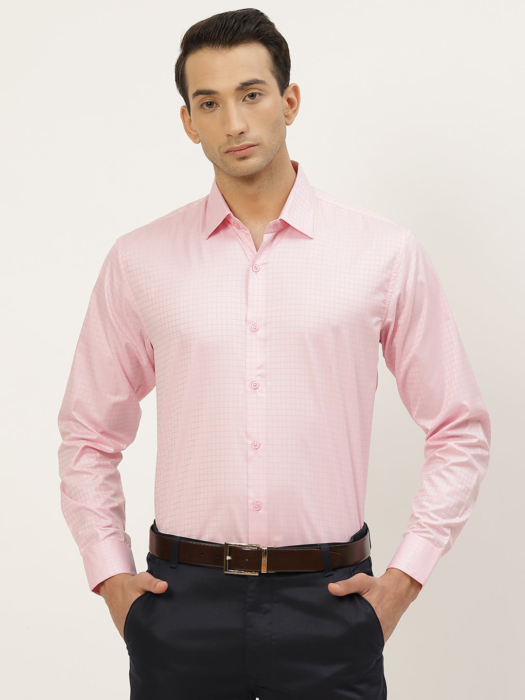 Mens Cotton Pink Checked Formal Shirt