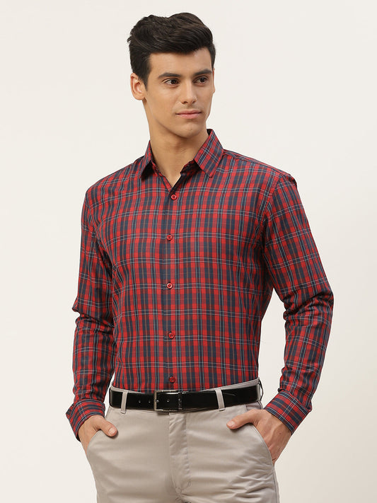 Mens Cotton Red & Navy Blue Checked Formal Shirt