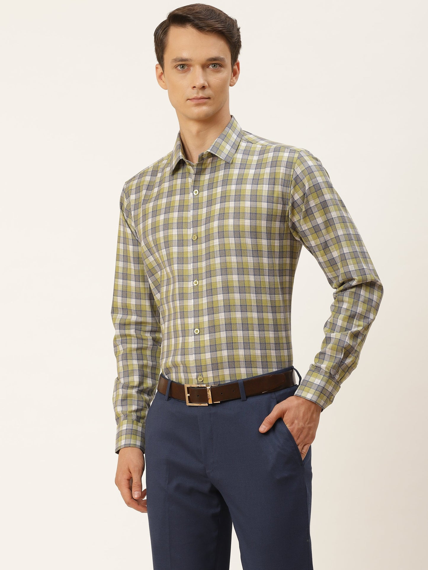 Mens Cotton Green & Blue Checked Formal Shirt