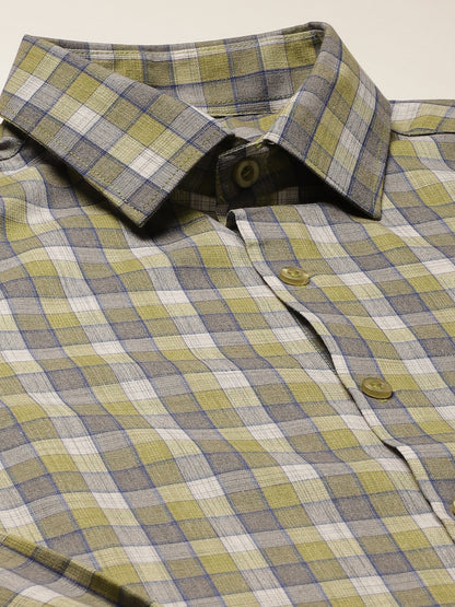 Mens Cotton Green & Blue Checked Formal Shirt