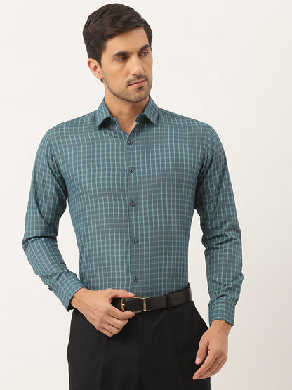 Mens Cotton Bottle Green & Sea Green Checked Formal Shirt