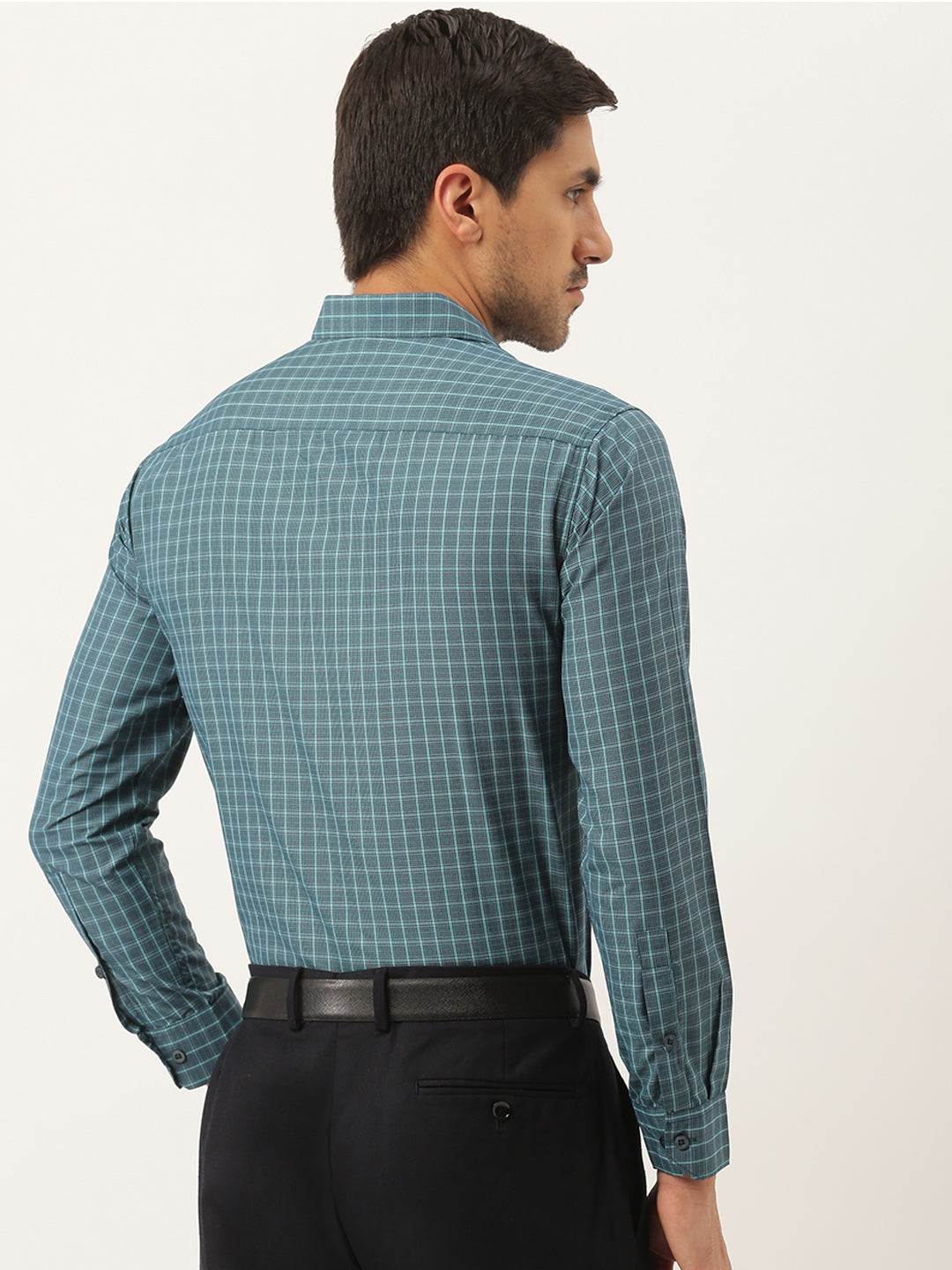 Mens Cotton Bottle Green & Sea Green Checked Formal Shirt