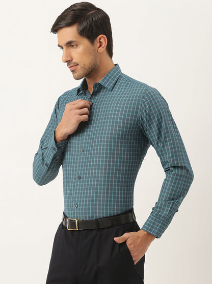 Mens Cotton Bottle Green & Sea Green Checked Formal Shirt