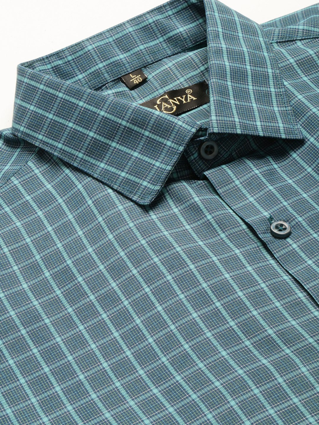 Mens Cotton Bottle Green & Sea Green Checked Formal Shirt