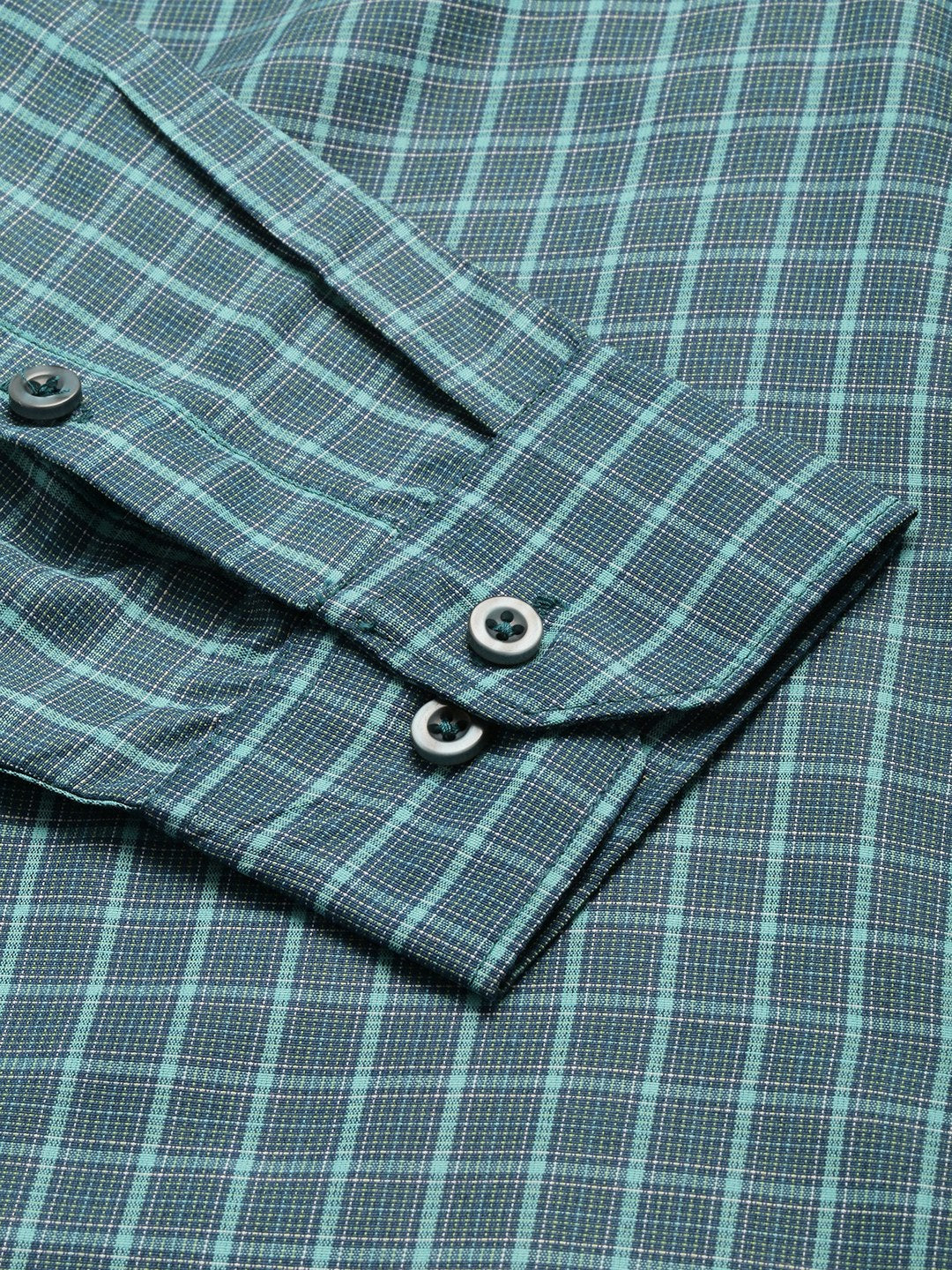 Mens Cotton Bottle Green & Sea Green Checked Formal Shirt