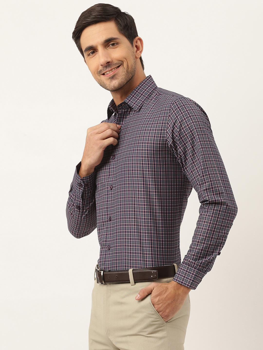 Mens Cotton Navy Blue & Grey Checked Formal Shirt