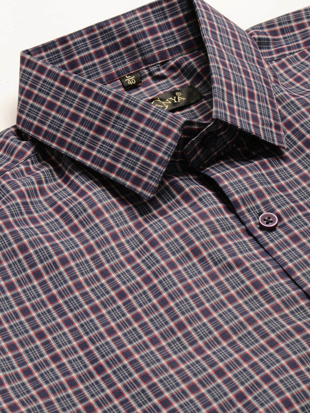 Mens Cotton Navy Blue & Grey Checked Formal Shirt