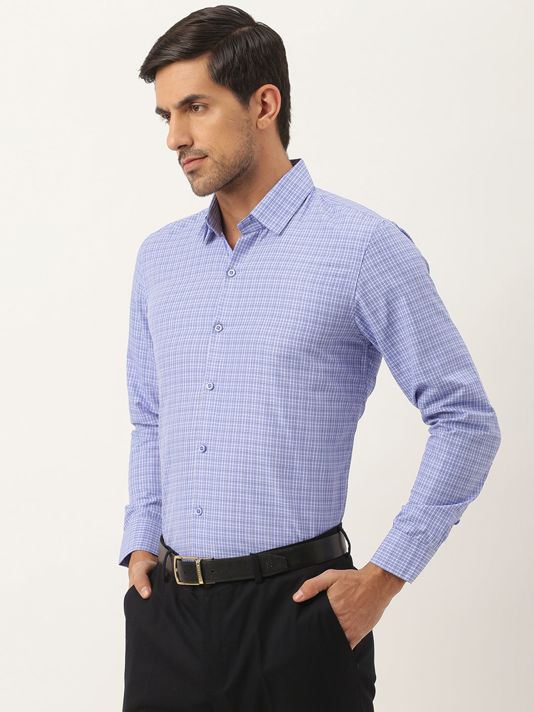 Mens Cotton Blue & Off White Checked Formal Shirt