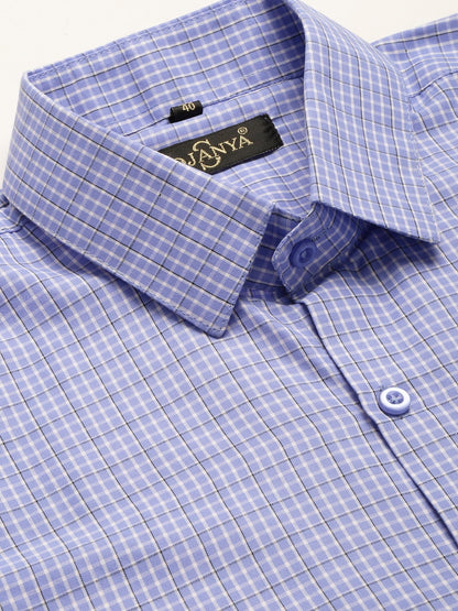 Mens Cotton Blue & Off White Checked Formal Shirt