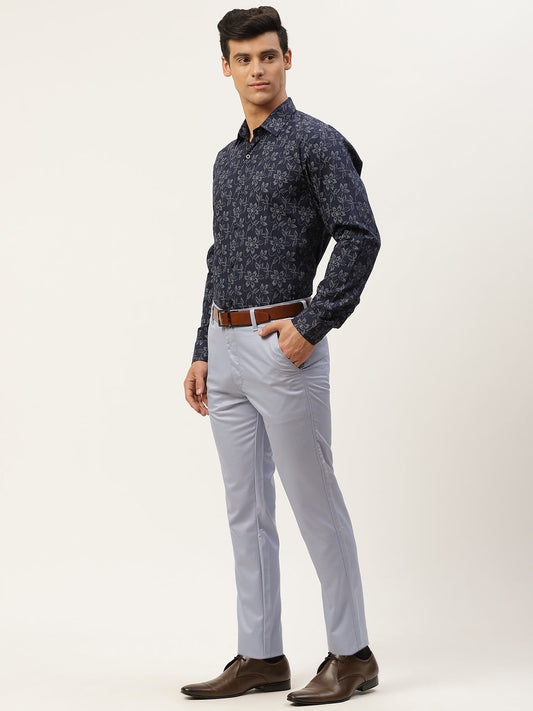 Mens Cotton Navy Blue & Grey Printed Formal Shirt