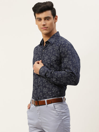 Mens Cotton Navy Blue & Grey Printed Formal Shirt