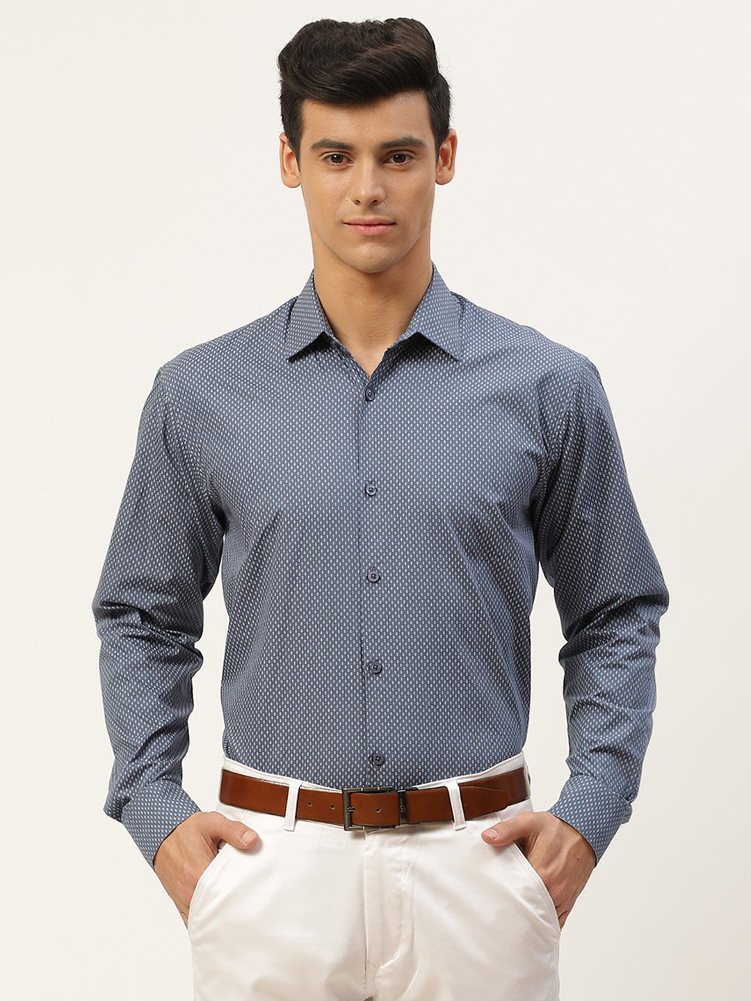 Mens Cotton Teal Blue & Offwhite Printed Formal Shirt