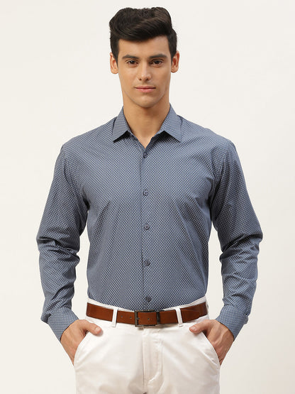 Mens Cotton Teal Blue & Offwhite Printed Formal Shirt